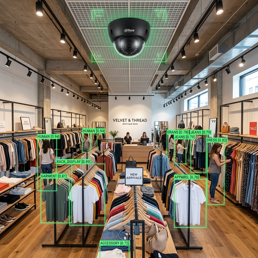 Modern retail store layout with smart AI surveillance analytics overlay